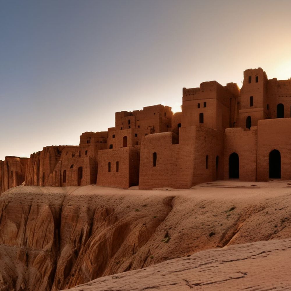 A mud-brick fort on a desert ridge at dusk