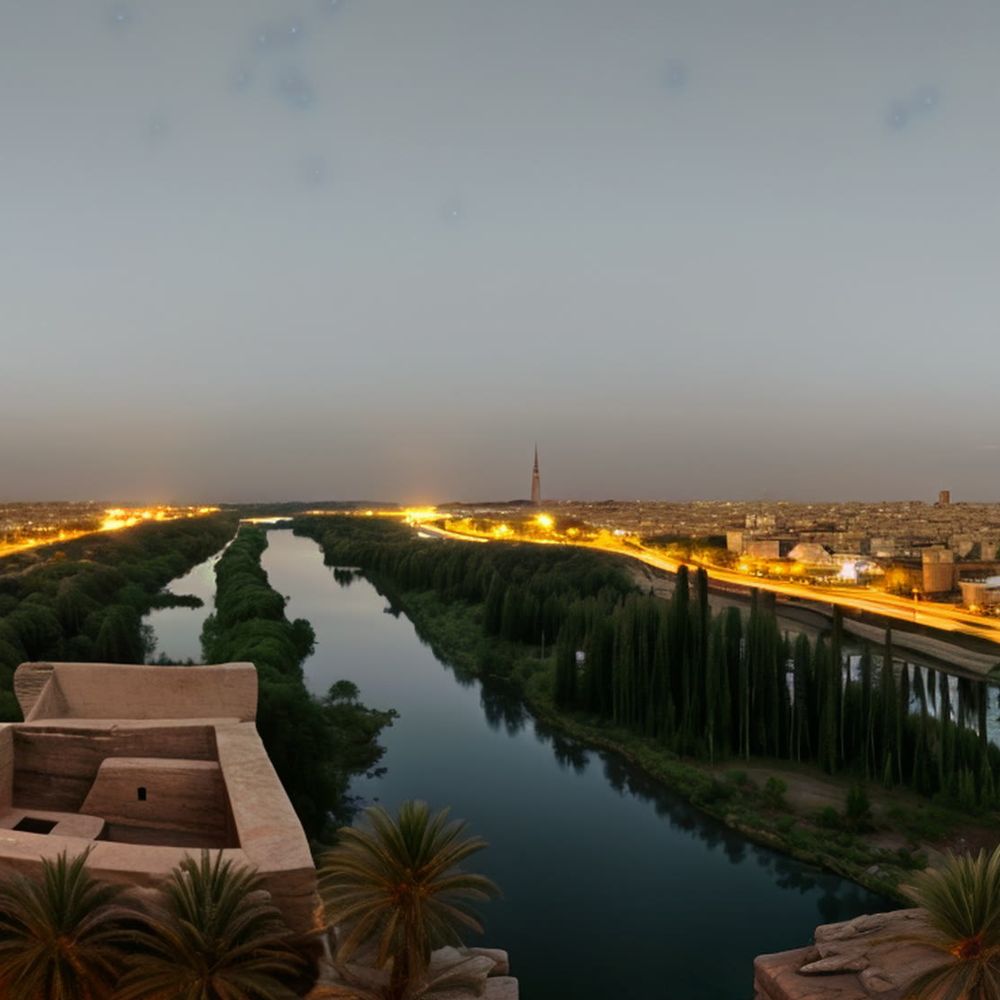 A city lit along a river at dusk