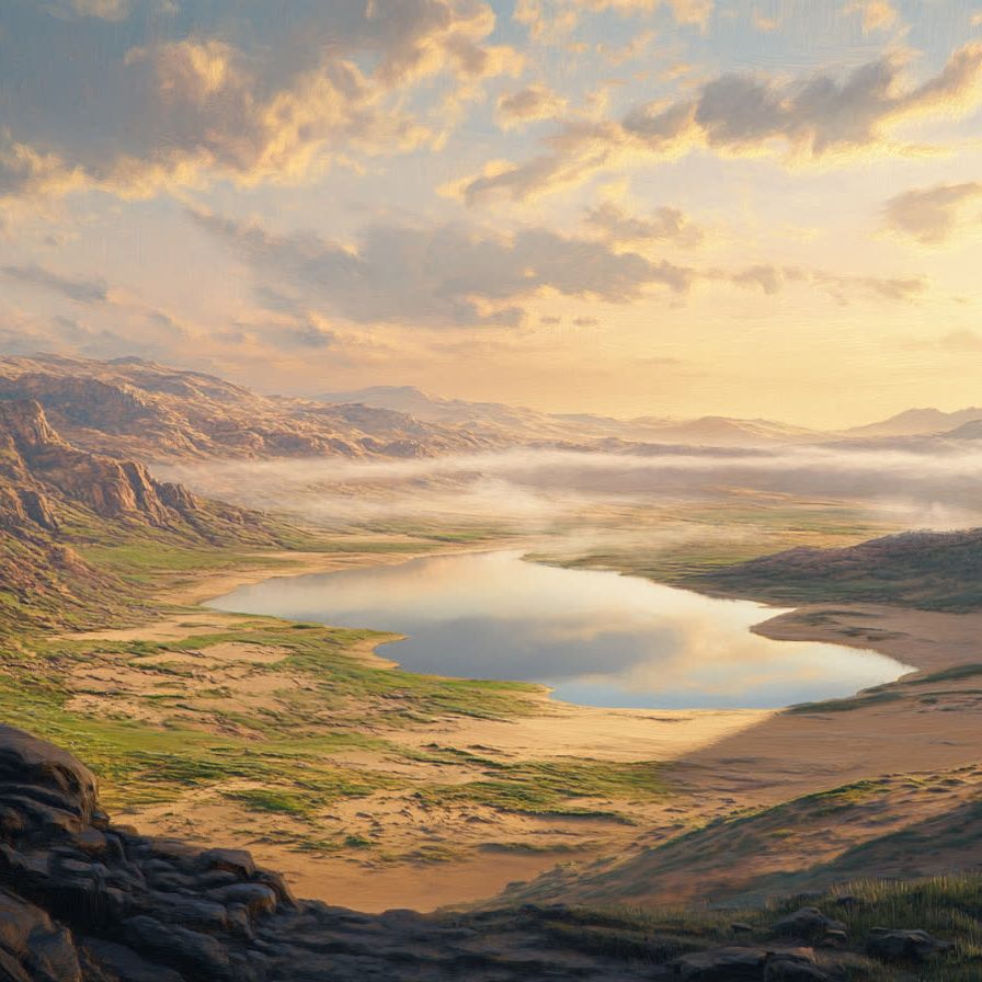 A new, empty earth at dawn: a lake in a green valley below the mountains