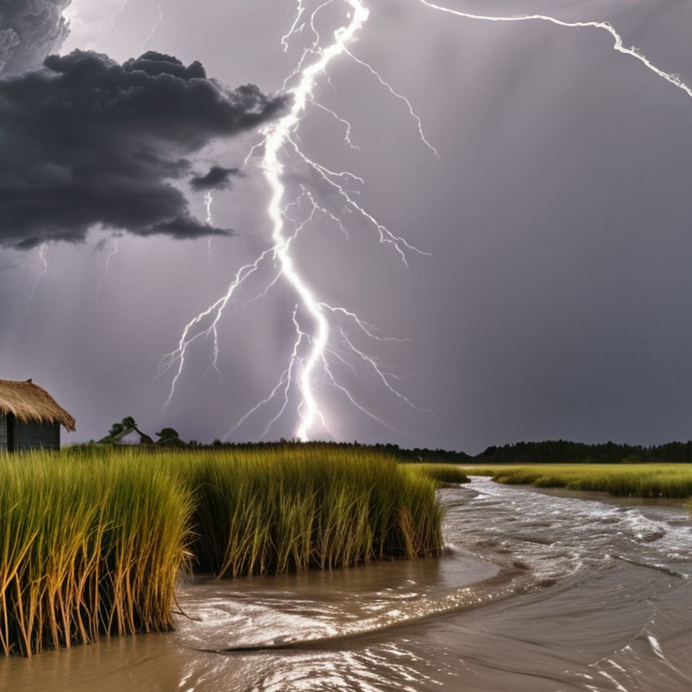 Lightning over reed huts and rising floodwater