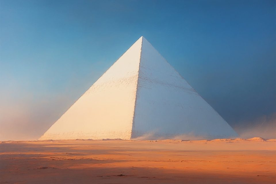 The finished pyramid, cased in white limestone, at dawn