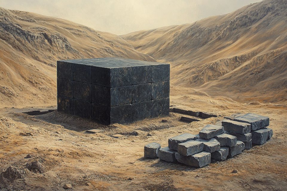 A black stone cube rising among granite hills, cut blocks stacked beside it