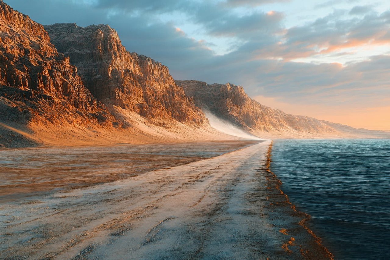 A dry path running through the parted sea between red cliffs