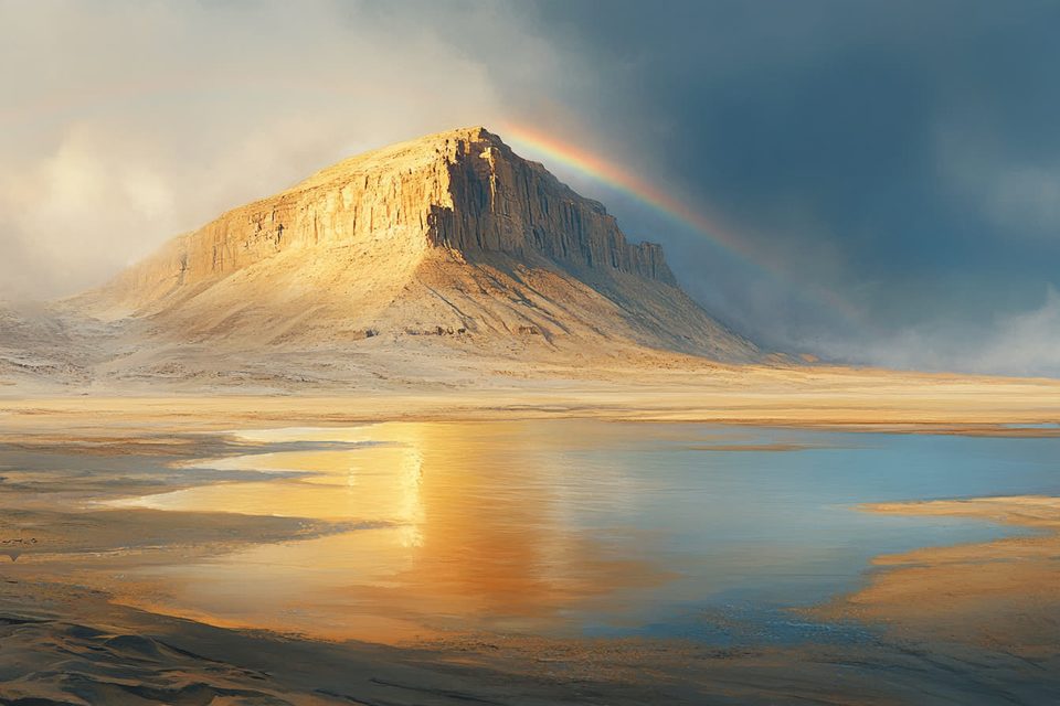 A mountain standing above receding floodwater, a rainbow behind it
