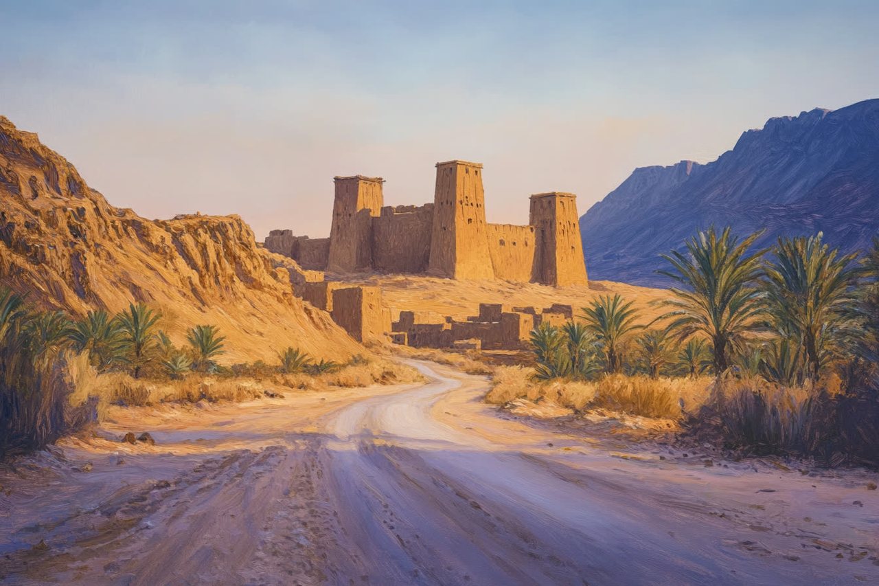 A walled mud-brick town with tall towers at golden hour, a road leading to it between palms