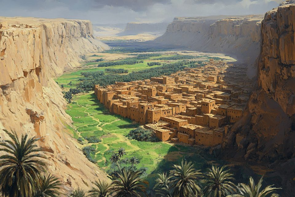 Mud-brick towns along a green wadi between cliffs, seen from above