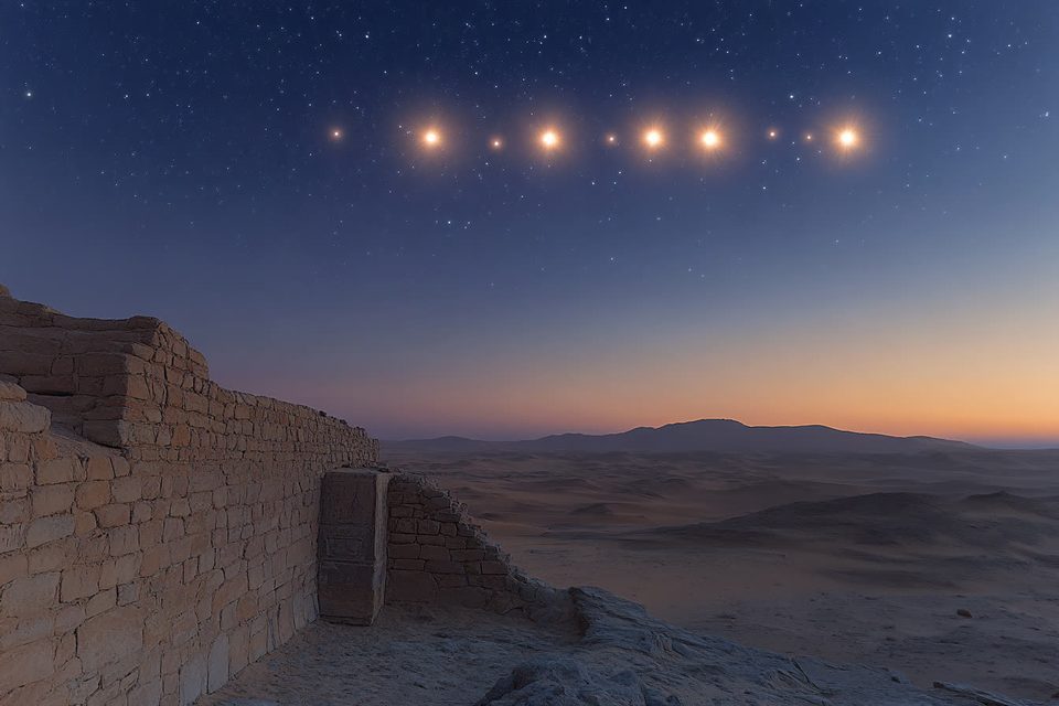 Eleven stars in a line above the hills of Canaan at dusk